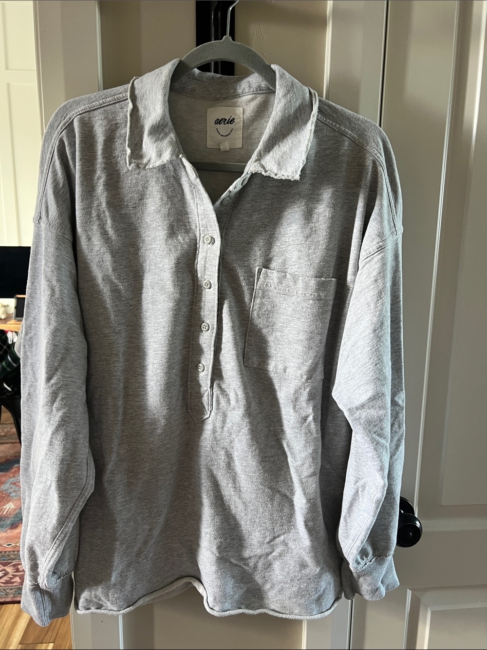 aerie popover oversized Long-Sleeve Light Gray Polo Shirt with Chest Pocket